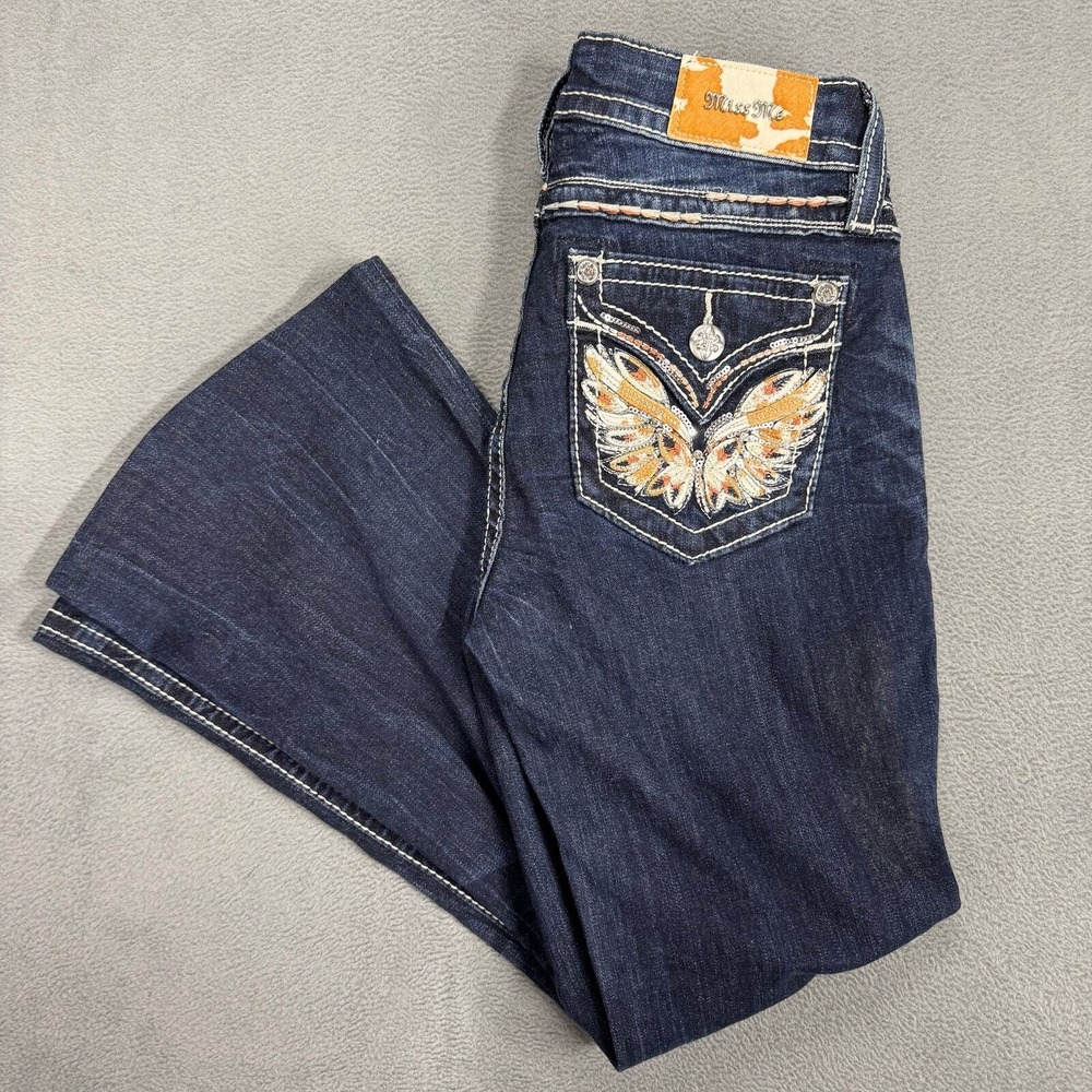 Miss‎ Me Jeans Women HEMMED 25x25  Flare Butterfly Embellished Pockets Dark Wash